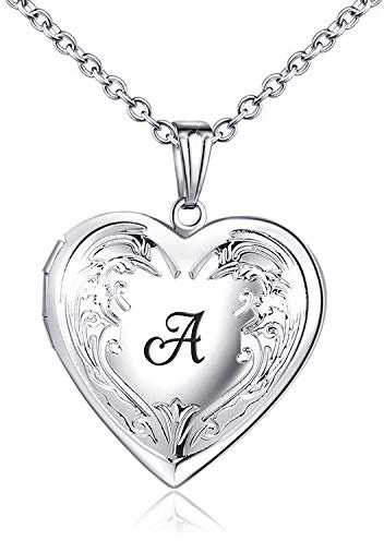 MUERDOU Locket Necklace that Holds Pictures Initial Alphabet Letter Heart Shaped Photo Memory Locket Pendant Necklaces A