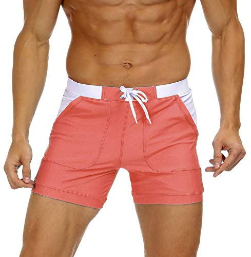 KEFITEVD Snabbtorkande badshorts för män, strandshorts, bräda, spa, badbyxor, stretchiga gymshorts med justerbar dragsko, YK016, Röd (watermelon röd), 5 SE