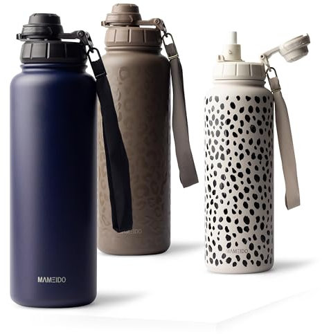 MAMEIDO Thermosflasche mit Strohhalm 700ml, auslaufsichere Trinkflasche Edelstahl isoliert, Wasserflasche mit Trageschlaufe, Isolierflasche BPA-frei (Dark Night, 0,7l)