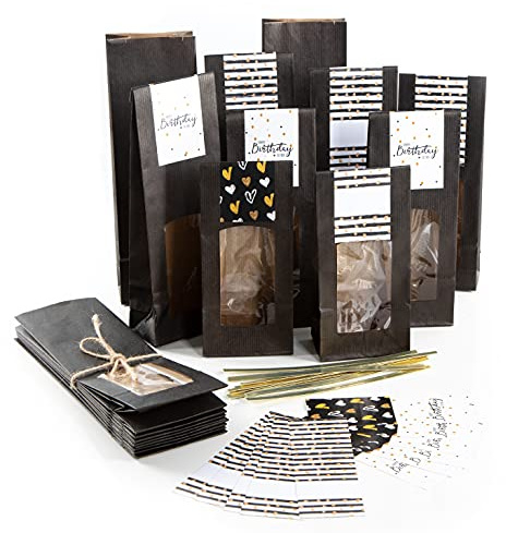 Logbuch-Verlag 20 schwarze Blockbodenbeutel mit Aufkleber Geburtstag Herzen Verpackung Kleinigkeit 26,5 x 8,5 x 5 cm