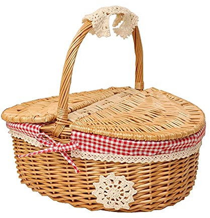 YRHH Picknickkorb Mit Deckel, Brauner Weidenkorb, Gewebter Korb Im Landhausstil Mit Rot Kariertem Leinen, Picknick-Party-Geschenkkorb-A