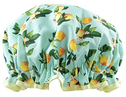 Vintage Cosmetic Company Lemon Print Shower Cap, Lightweight and Elastic, Keeps Hair Dry and Frizz Free, Reusable Shower Cap, Lemon Print