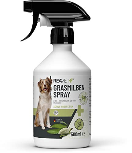 REAVET Spray agli acari dell'erba, 500 ml, protezione e cura con olio di mandorle, spray per cani, antiacari per la difesa efficace di insetti, parassiti e parassiti, antiacari, protezione dagli acari