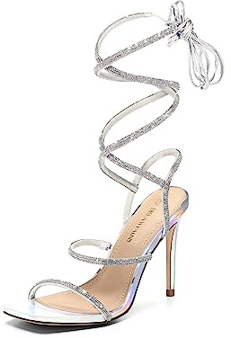 DREAM PAIRS Strappy Heels for Women, Rhinestone Straps, 4-Inch Stiletto High Heels, Square Toe, Open Toe Sandals, Prom Party Night Out Shoes, Size 8,Silver,SDHS2239W