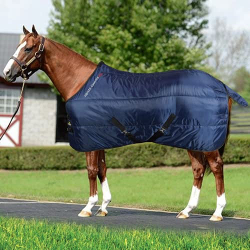 Horses, Stalldecke Essential 350gr, Hervorragend Verarbeitete Decke, Nützlich zum Schutz des Pferdes vor Temperaturschwankungen und Insekten (128 cm, Blau/Schwarz)