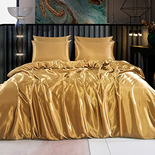 ROOEE Set completo di biancheria da letto in raso di seta, 6 pezzi, lenzuolo con angoli, copripiumino, 4 federe. Colore: oro opaco. Dimensioni: singolo