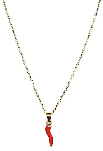 SiLo Bijoux Collana da Donna Catena Rolò portafortuna in Acciaio di Alta Qualità con Ciondolo Corno Cornetto Rosso - Sacchetto regalo