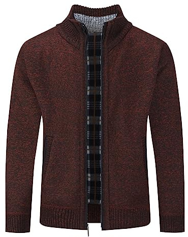 Allthemen cardigan herr fleecefodrad vinter vardaglig stickad tröja full dragkedja smal passform tröja jacka, #8758 Vinröd, XL