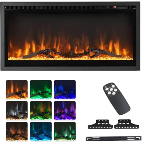 TANGZON 36/91cm Electric Fireplace, Wall Mounted Recessed Freestanding Fireplace Heater with Log & Crystal Decor, 9 Flame Colors, 5 Brightness, Remote Control, 8H Timer & Thermostat, 750W/1500W