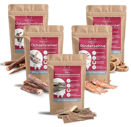 BARFAWAY Sparpaket Kauspaß XL, gefriergetrocknete Kausnacks (Ochsenziemer, Knorpelringe, Ochsenschwänze, grüner Pansen, Rindersehne), geruchsneutral, 100% natürlich ohne Zusätze, 5er Pack (1520 g)