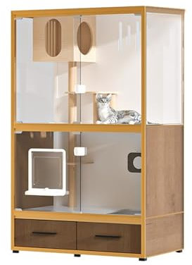 Katzenhaus katzenvilla Katzenvilla aus Holz mit Katzentoilette, Toilette, integriertem Käfig, Katzenhaus for den Innenbereich, extra großer Katzenkäfig mit Freiraum Katzenhütte
