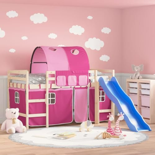 BAZZI Kinderhochbett: Mit Tunnel, Natur und Rosa, Maße 80 x 200 cm, Aus Kiefernholz, Perfekt als Etagenbett, Kleinkindbett, Einzel-Hochbett, Kinderbett oder Jugendbett