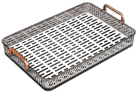 Plateau à thé rectangulaire en plastique avec poignées - Plateau de service rectangulaire antidérapant pour fêtes, table basse, cuisine - Grand format - Gris