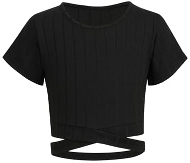Arshiner Filles T-Shirts Courte Crop Top Enfants Croix Croisée Révèle la Taille Manches Courtes Mode Été Tee Tops Col Rond Shirt Casual Élégant Tshirts pour Fille 8-9 Ans Noir