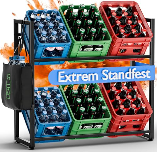 Restorgan Getränkekistenregal 6 kisten, Metall Getränkeregal mit Sixpack-Halter & 2 Haken, Extrem Standfest Regal Getränkekisten, Kistenregal für Wohnzimmer, Küche,Weinkelle (Schwarz)