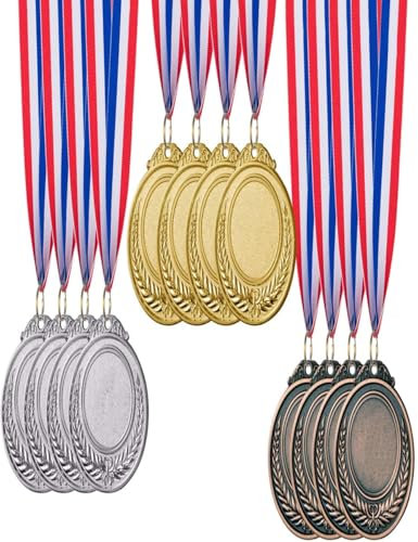 bepisof 5,1 cm, 12 Stück Gold-, Silber-, Bronze-Medaillen mit roten, weißen und blauen Halsbändern, Zinklegierung, olympische Dekorationen, geeignet für Kinder