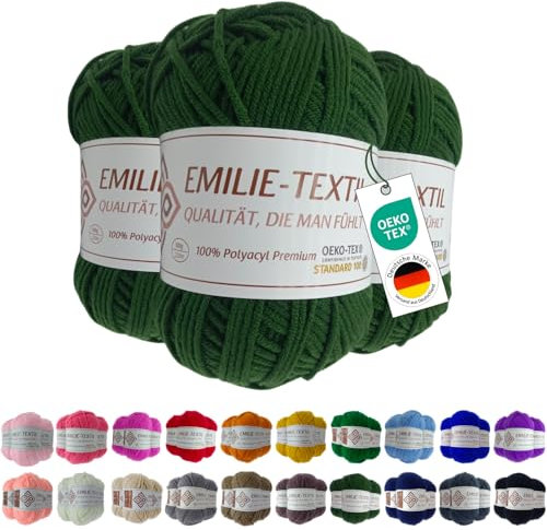 Emilie-Textil Premium Polyacryl-Garn 3X100g 20 Farben OEKO-TEX zertifiziert für Babys/Allergiker, Garn zum häckeln und stricken (3, Dunkel Grün)