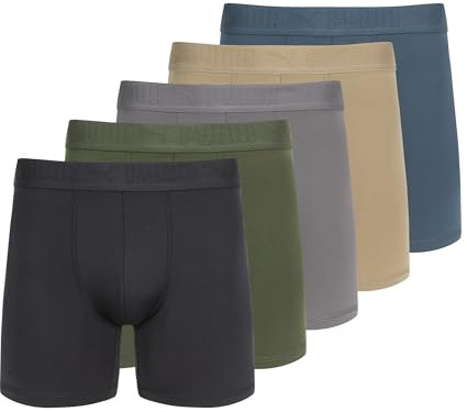 PUMA Men's 5-Pack Performance Boxer Briefs, Olive/Blue/Black, Medium