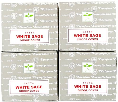 Satya Nag Champa Incense Cones, White Sage Scent, 4 Packs of 12 Cones in each pack (4, White Sage)