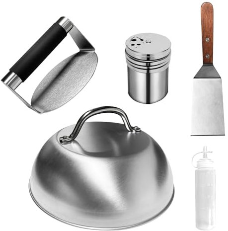Hmfmdy Burger Press Kit, Burger Smasher & Metal Burger Spatula, Burger Dome, Spice Dredge Shaker, Squeeze Bottles, Flat Top Grill Accessories Set, BBQ Tools Set, Cooking Utensils Set - B