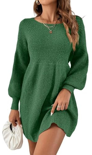Saodimallsu - Abito in maglia da donna con collo tondo - Maniche a sbuffo - Vita alta - Elegante maglione in maglia - Mini abito a trapezio, verde, M