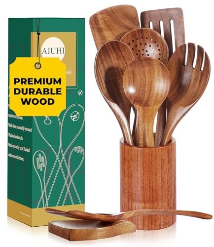 AIUHI Teakholz-Kochutensilien-Set, 9-teilig, ungiftige Holzlöffel, Spatel, Salatgabel, Sieblöffel, Löffelablage, BPA-frei, sicher für antihaftbeschichtetes Kochgeschirr, langlebig und leicht zu