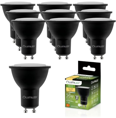 Lumiled LED GU10 Lampe 3W 270lm Warmweiß 3000K ersetzt 25W Reflektor Spot Schwarz 120° Abstrahlwinkel Nicht dimmbar 10er Pack Leuchtmittel für Wohnzimmer Küche Flur Hotel Büro