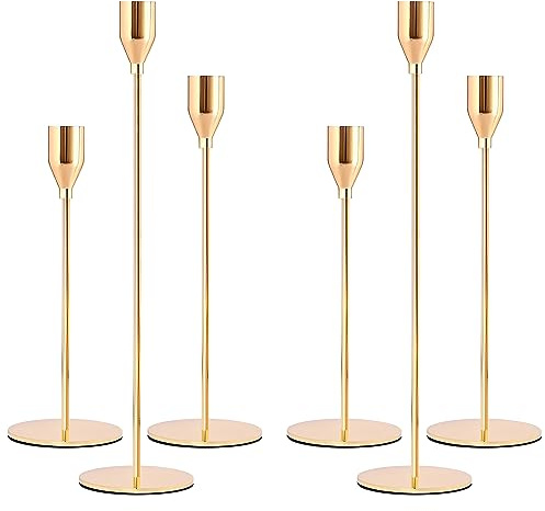 Chandelier Bougeoir Dorés 6Pcs Rétro Métal Hauts Bougie Chandelier, Coniques Bougeoir Decoratif,Chandelier de Mariage,33/28/22 cm Candélabre pour Salle À Manger Salon d'anniversaire Décor À Maison