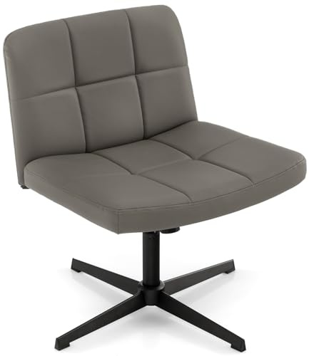 COSTWAY Armless Office Chair, PU Leather Upholstered Cross Legged Computer Desk Chair, Height Adjustable Wide Seat Swivel Vanity Chair for Home Office (no Wheels, Grey)