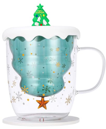 Xaosin Tazza di Natale a doppia parete, grande, 300 ml, tazza da caffè, tazza da tè e vin brulé, con coperchio per albero di Natale, tazza di Natale con sottobicchiere, per uomo e donna