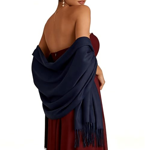 Figarge Pashmina Schal Damen Tuch mit Fransen, Baumwolle Eleganter Schal für Abendkleid, Uni Umhang für Brautjungfer Hochzeit & Party, Accessoires (Marineblau)