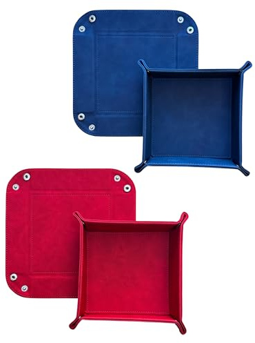 DELALO 2er-Set faltbare Leder-Würfelunterlagen (16 x 16 cm), viereckige Taschenleerer für Schlüssel, Handy, Kopfhörer, Kleinteile, Schmuck (Blau - Rot)