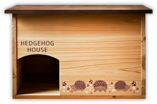M&H Wooden Hedgehog House - Hibernation Shelter with Bark Roof Safe & Secure Predator Proof Outdoor Habitat Sanctuary Hibernation Hogitat Shelter for Sleeping - Feeding Station and Home