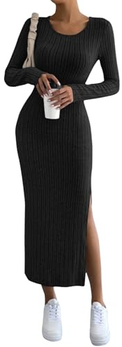 Robe Pull Longue Hiver Col Rond Fendu Robe Pull Femme Chic et Élégant Sexy Moulante Midi Robe Grande Taille en Tricot à Manches Longues Automne Hiver Idee Cadeau Femme,Noir,M,F51R