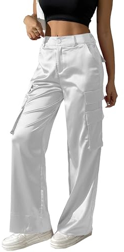 Pantalones Largos de satén para Mujer, de Pierna Ancha, sedosos, para Fiesta, Elegante, Casual, con Bolsillos, Blanco, Medium