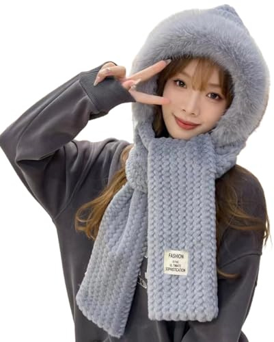 Blausky 2 in 1 Damen Winter Kapuzenschal,Mützenschal Ohrenschutz Winddichte,Thermal Kunstpelz Mütze mit Schal,Niedlichen Plüsch Mütze Balaclava Winterschal Ohrenschutz für Outdoor,Grau