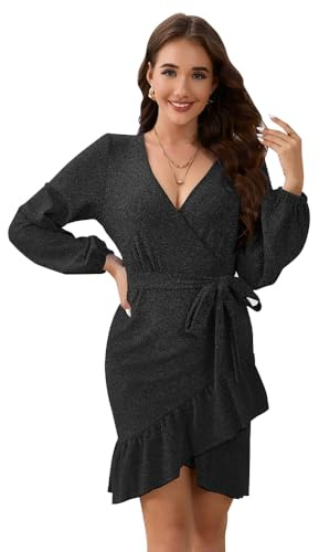 RPAEOY Glitzerkleid Damen Langarm V Ausschnitt Elegante Glitzer Kleid Rüschen Sexy Wickelkleider Abendkleider Cocktailkleid Partykleid mit Gürtel (Schwarz/XL)