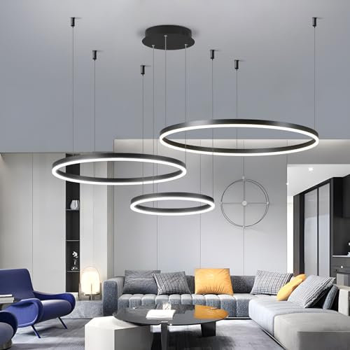 VanMe LED Hängeleuchte, Höhenverstellbar LED Kronleuchter Moderne Pendelleuchte Kreise Ringe Hängelampe, Dimmbare mit Fernbedienung, Deckenleuchte für Wohnzimmer Esszimmer(Nero,3 Ring 20+40+60cm)