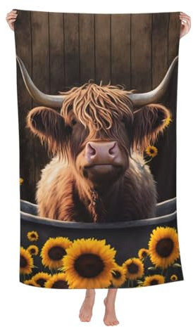 Beach Towel Sonnenblumen-Hochlandrind Duschtuch Saugfähig Campingtücher Mikrofaser Badetuch Für Fitness Yoga 80X130Cm