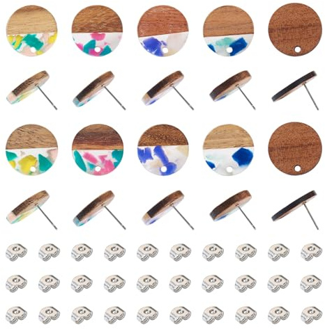 PandaHall Lot de 20 clous d'oreilles ronds plats en bois de noyer avec écrous d'oreille pour femme et fille - Fabrication de bijoux