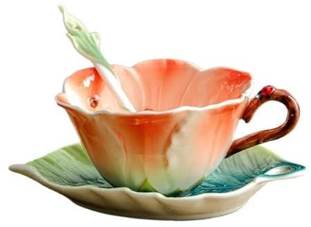 Vnook Juego de Taza y platillo de cerámica, Taza de café con Flores de 200 ml, Taza de té 3D, Taza de café de cerámica, Apta for lavavajillas, microondas, Desayuno, café, té de la Tarde, Regalo(Pink)