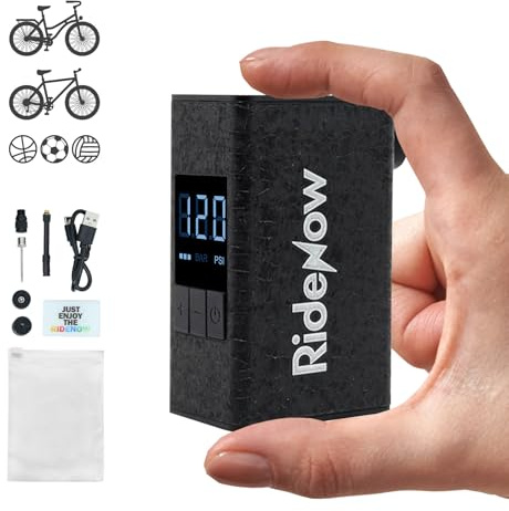 RideNow Mini Fahrradpumpe, max 120 PSI, Elektrofahrradpumpe, 7x4,5x3cm | automatische Abschaltung, Tragbare Elektrische Luftpumpe mit Presta- und Schrader-Ventil für Rennrad E-Bike MTB Gravelbike