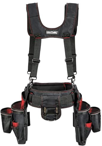 HAUTMEC Professioneller Werkzeuggürtel mit Hosenträgern, 19 Taschen, robuster 1680D-Arbeitsgürtel mit verstellbarer, gepolsterter Taillen- und Schulterstütze, Handytasche, Hammer und Klebebandhalter