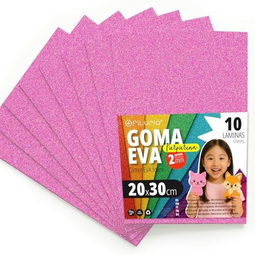 OFITURIA Glitzer-Moosgummi für Bastelarbeiten, Bunter Schaumstoff mit Glitzer für DIY, kreative Projekte, Kunst und Schule 20x30cm (Rosa, 10 Stk)