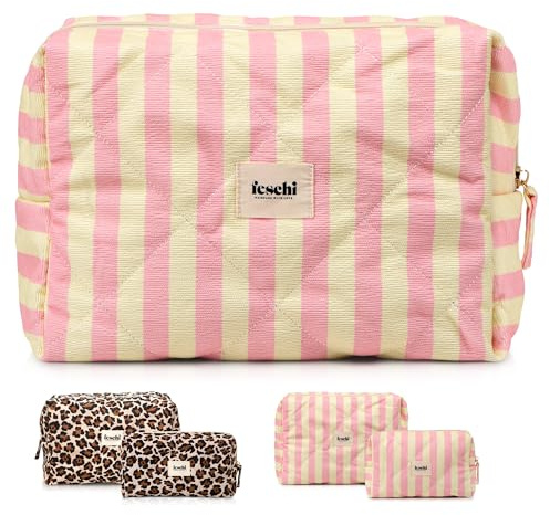 feschi Oversized Kosmetiktasche - Cotton Candy | Gesteppte Kosmetiktasche | Streifenmuster, Kapazität für Beauty Produkte und Haarpflege, Praktische Innentasche, Groß