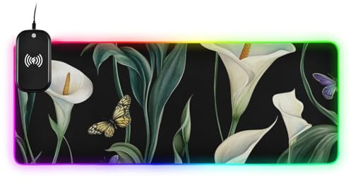 Art Calla lilja blomma grön och vit trådlös laddning lysande skrivbord musmatta inloggningsuppgifter arbete 89,9 x 40,9 cm tangentbord och musmatta