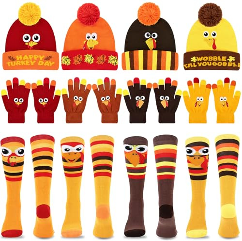 20 Pcs Thanksgiving Turkey Trot Gear Costume Thanksgiving Decorations Accessories Set with Turkey Hat Funny Knit Socks and Gloves for Women Adults Family Outfit Party Gift Running Gear