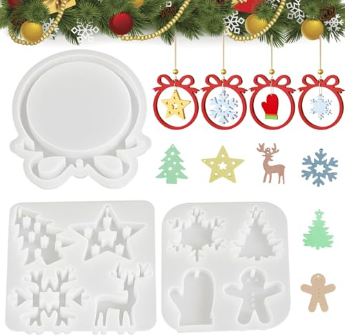 Aevorant Moule Resine Epoxy - Moules Silicone Noël, Moule Silicone Resine Epoxy Décorations en Forme d'étoiles, Rennes et Flocons de Neige, Kits de Moulage Fabriquer des Décorations de Noël