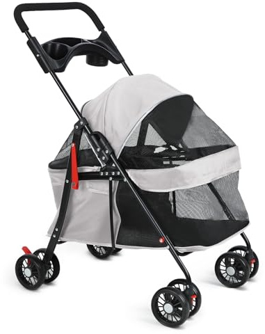 2in1 Hundewagen, Hundebuggy mit 1 Getränkehaltern, Hundebox Transporttasche Faltbar klappbar mit Feststellbremse, Bollerwagen für Hunde, 48 cm * 68 cm * 95cm (Grau)