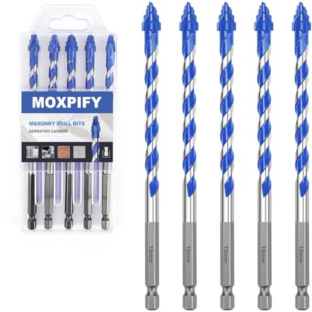 MOXPIFY 5PCS 10mm x 150mm Masonry Drill Bits Set, Porcelain Tile Drill Bit, Tungsten Carbide Drill Bit for Tile, Glass, Ceramic, Marble, Concrete, Brick, Granite, Wood